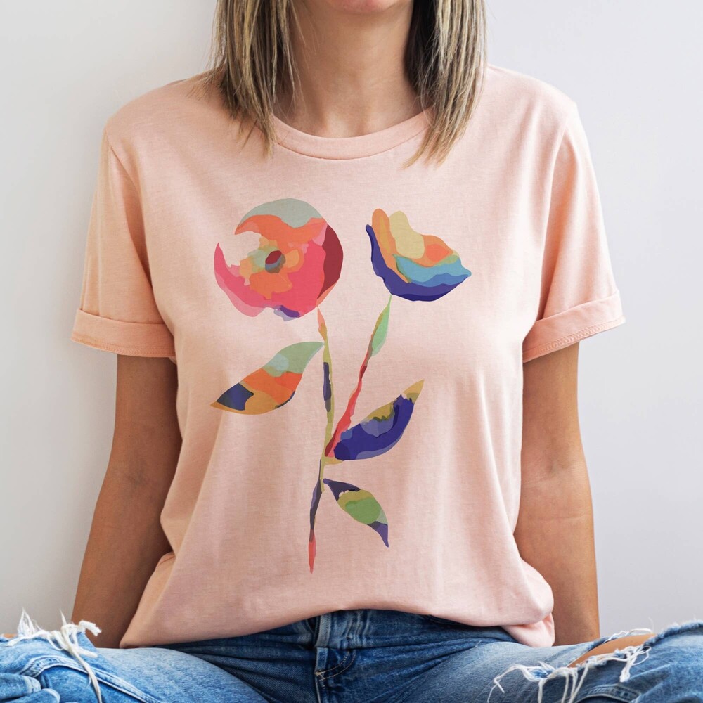 PART-108 Par-Tees Watercolor Floral Spring Flower Colorful Graphic T Peach VarSz